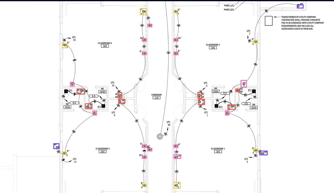 Pilars annotated output, classrooms 1 to 4 and corridor 110