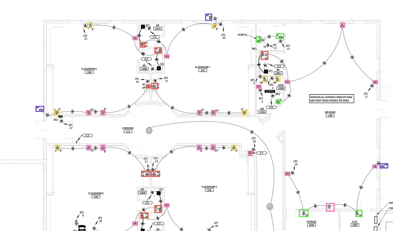 Pilars annotated output, classrooms 5 to 8 and MP room