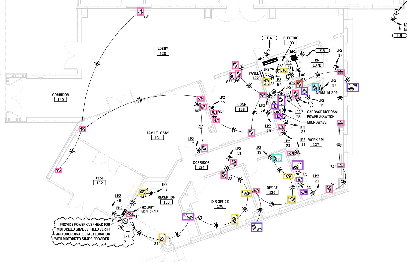 Pilars annotated output, lobby, conference, work room and offices