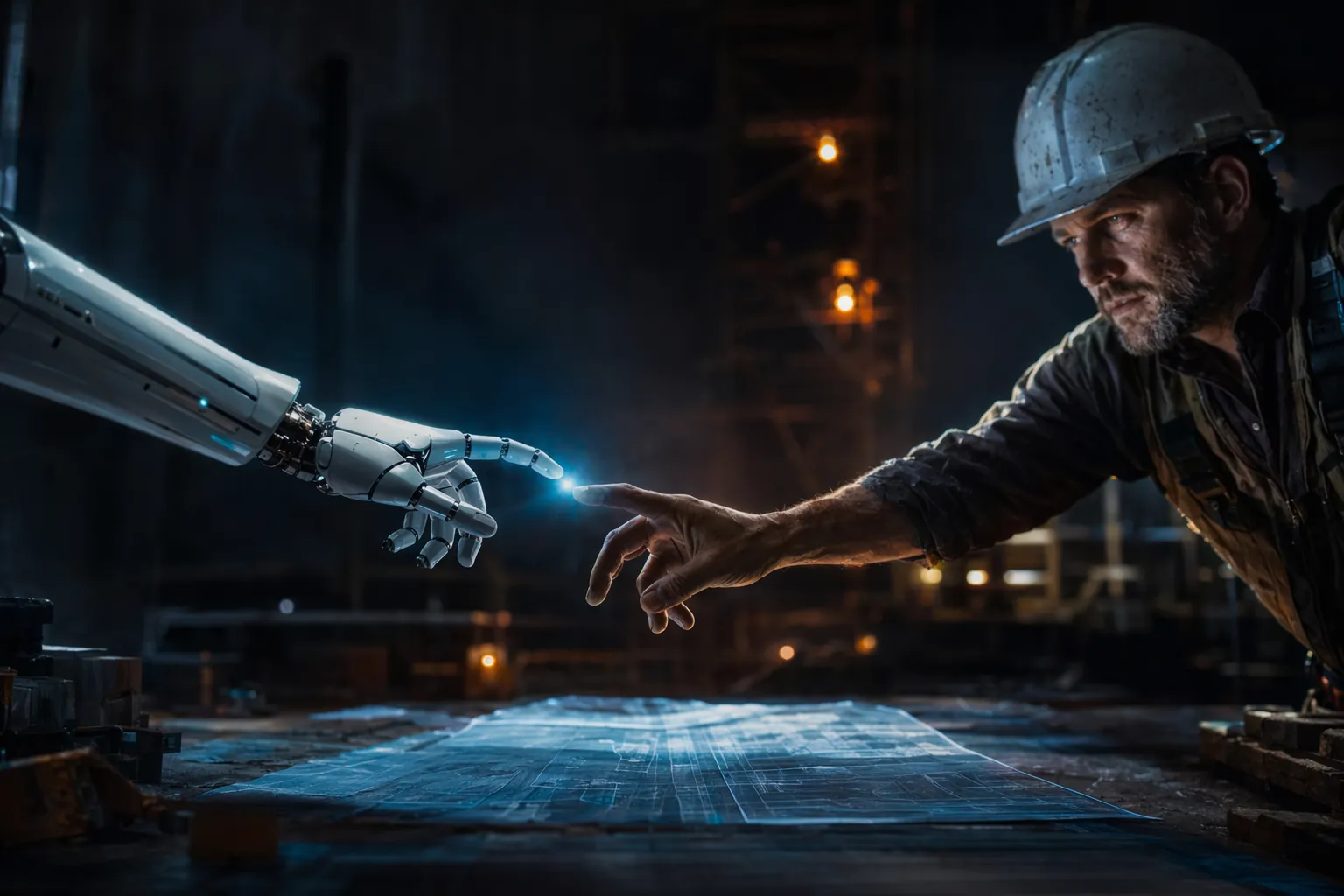 Robotic hand and contractor hand reaching toward each other over a glowing blueprint — manual versus AI takeoff