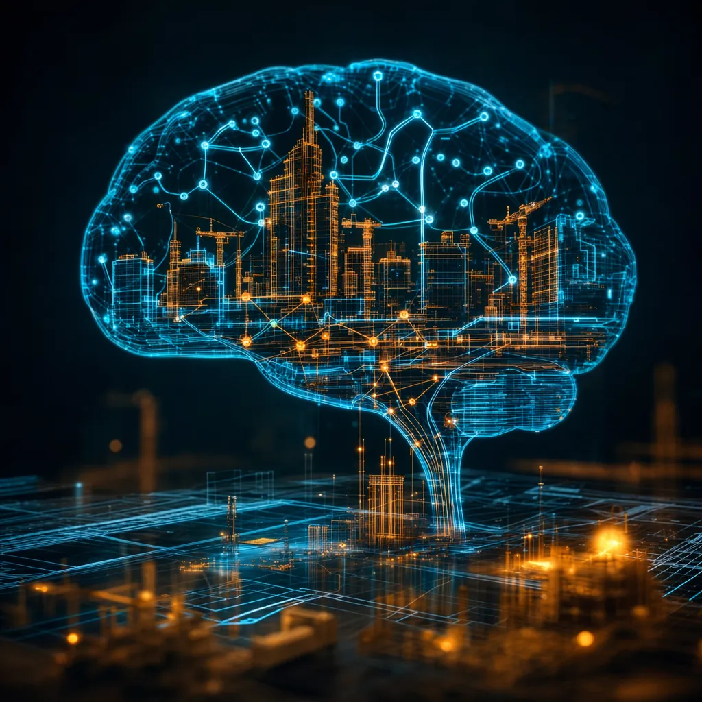 Neural network brain formed from construction blueprint lines — unit cost versus assembly estimating logic