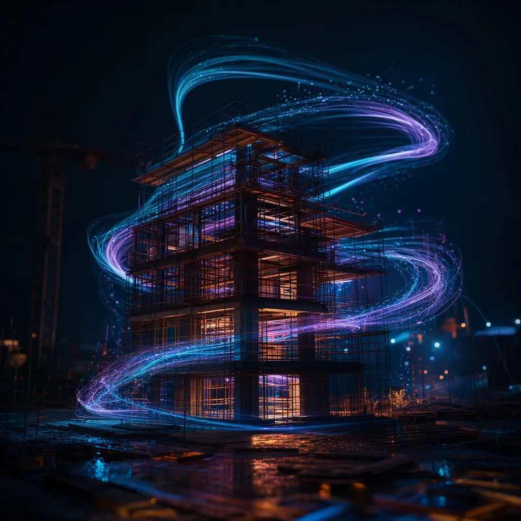 AI light ribbons weaving into a building under construction, representing drywall estimating innovation