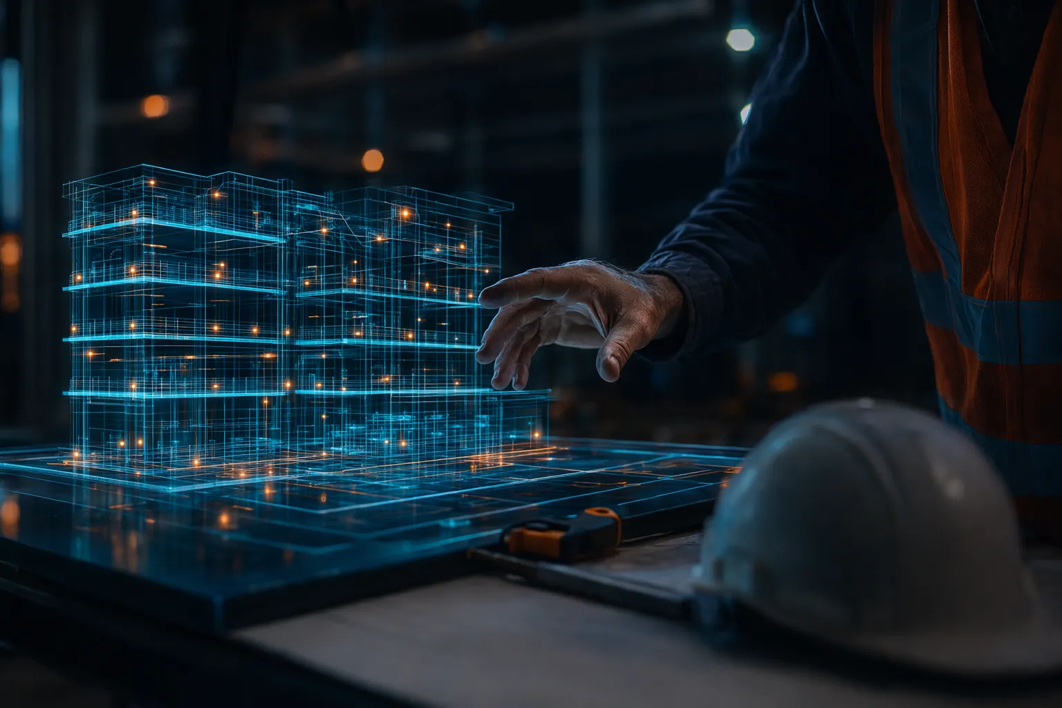 Holographic construction blueprint rising from a table as AI performs a takeoff, contractor's hand reaching toward it