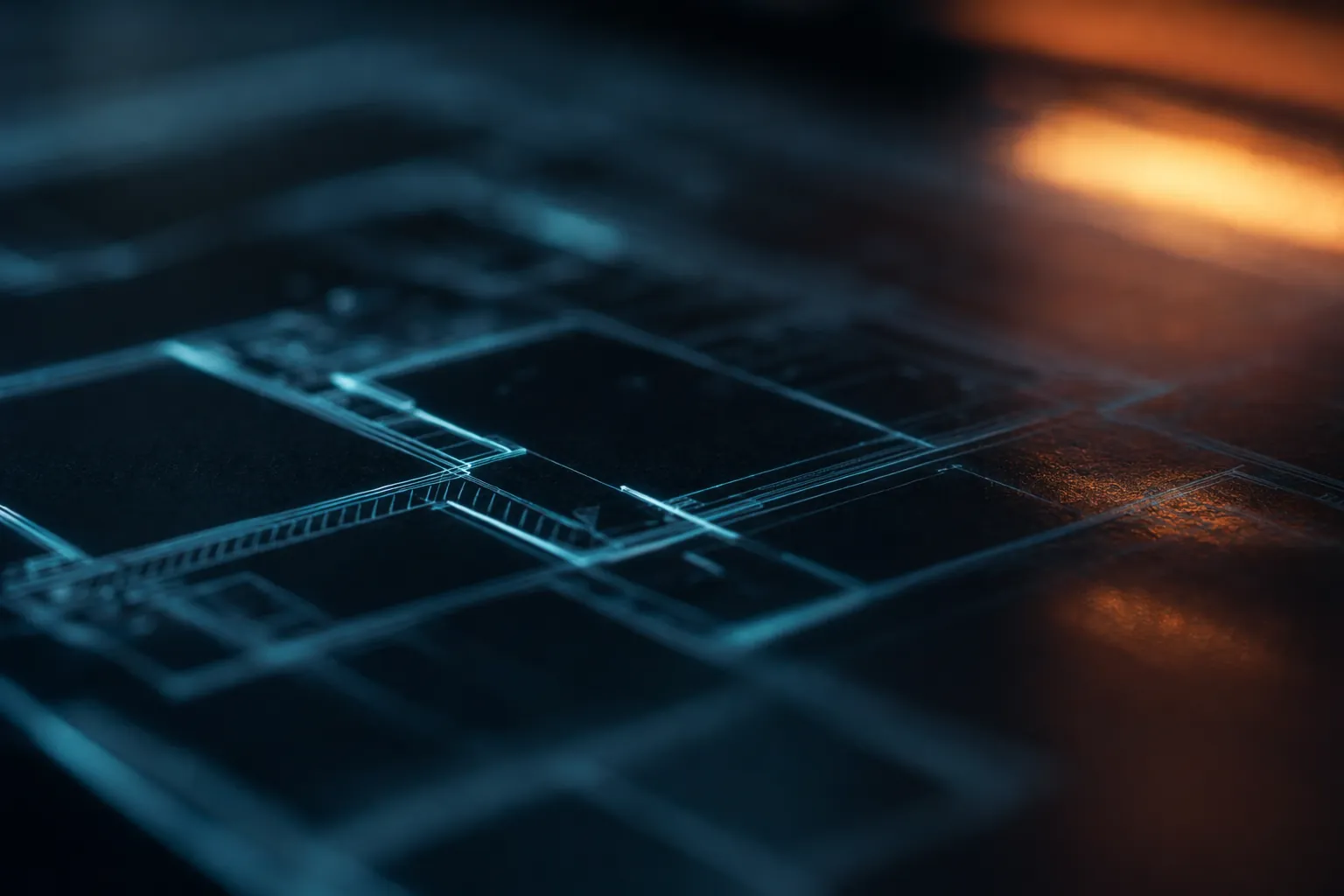 Architectural floor plan lines glowing in macro detail — insulation R-value assemblies on the drawings