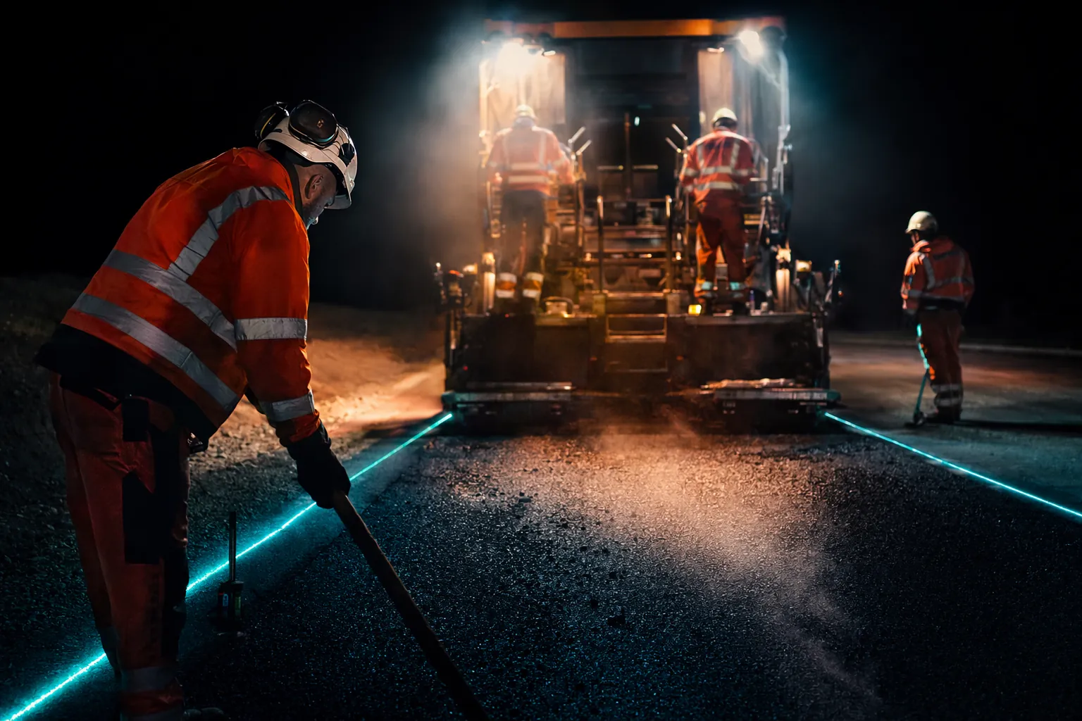 Paving crew at night with steam rising from fresh asphalt — silica controls and labor impact on site