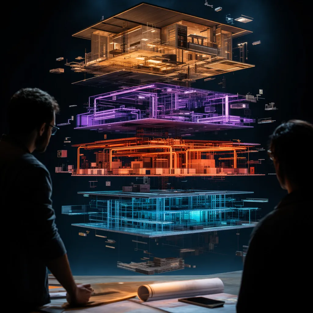 Exploded axonometric building model with structure, mechanical, electrical and finishes layers separated — the BIM LOD takeoff gap