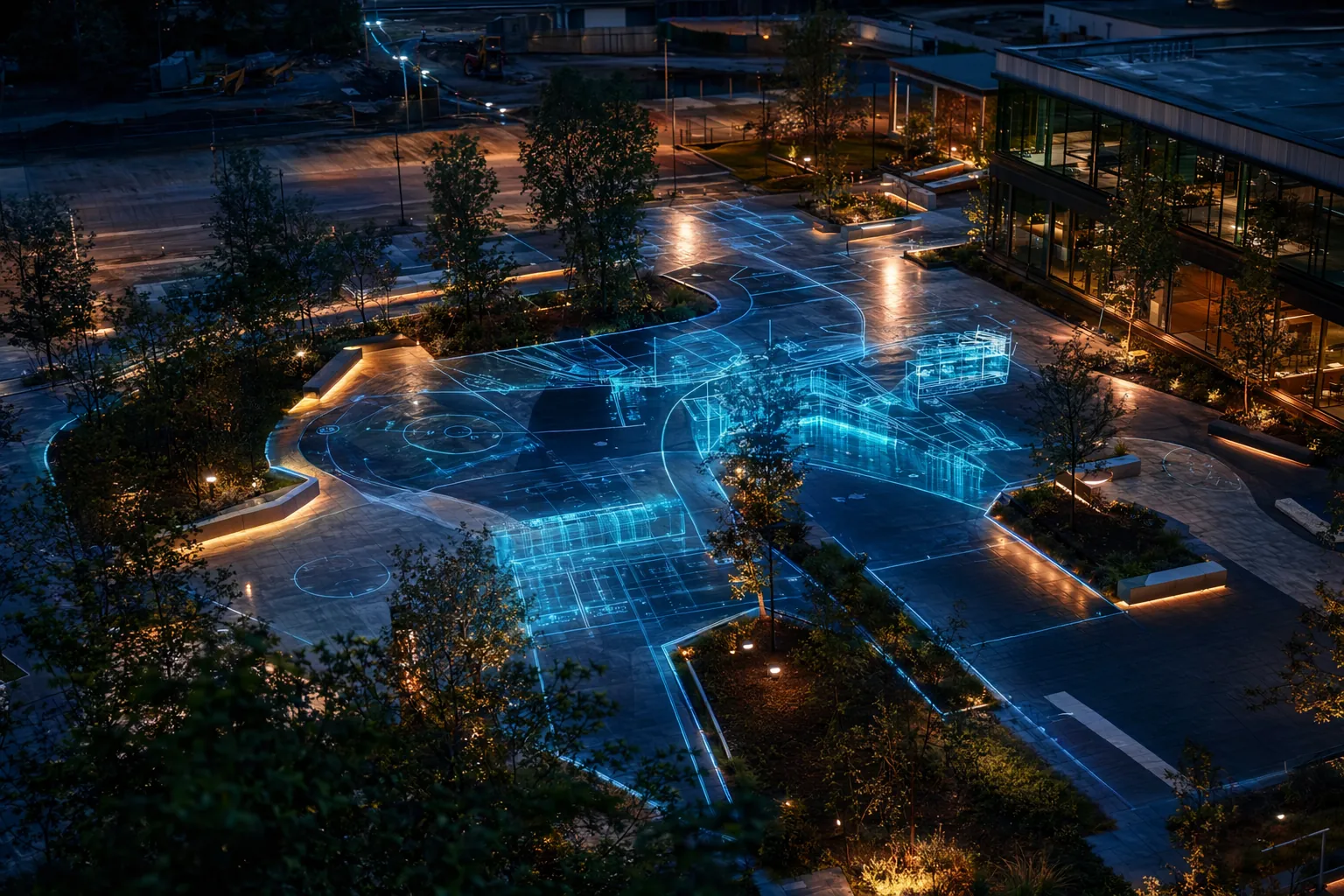 Aerial site plan overlay on a commercial site at blue hour — utility runs and depth profiles