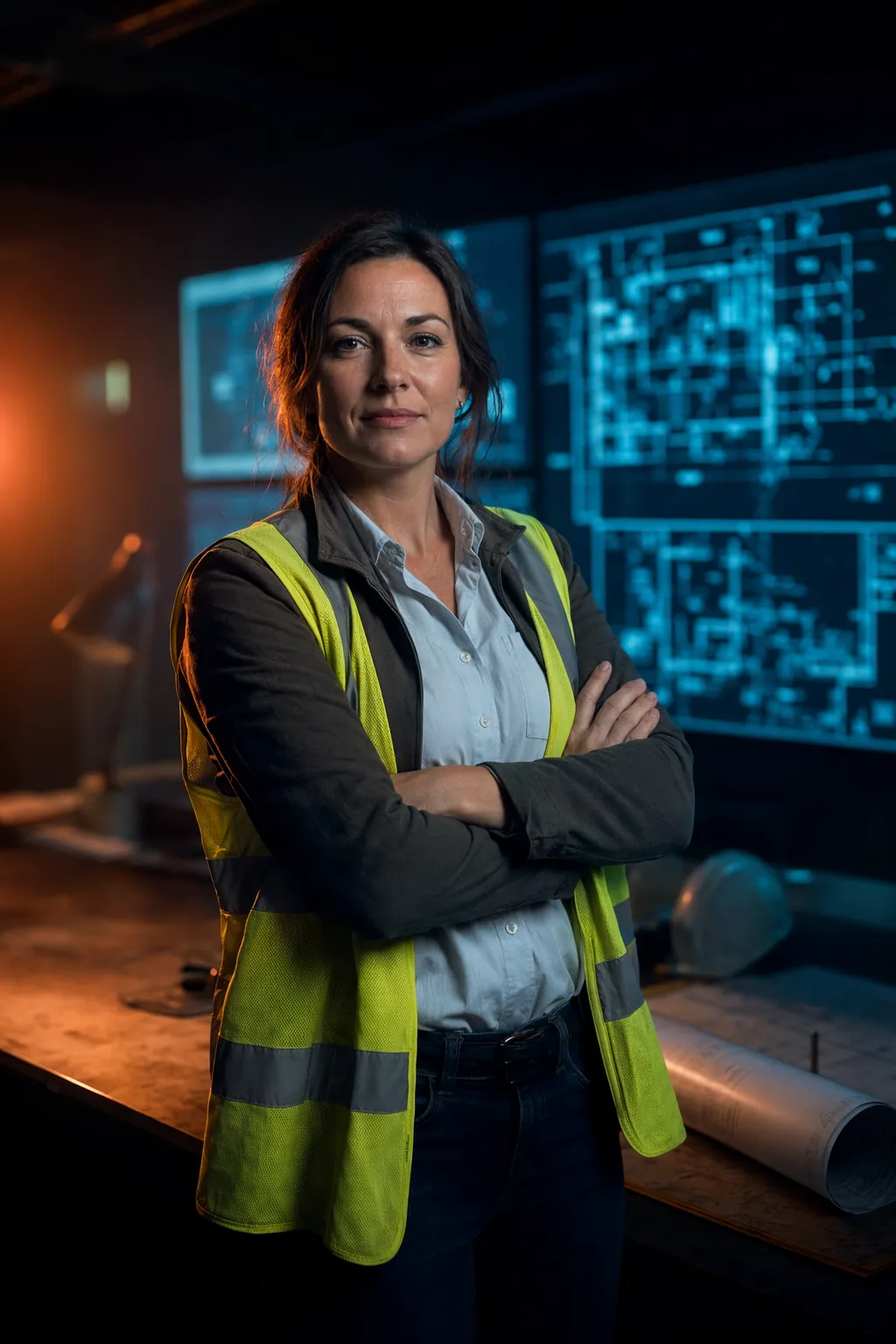 Confident construction estimator standing in front of glowing takeoff screens — seeing through the low-bid margin illusion