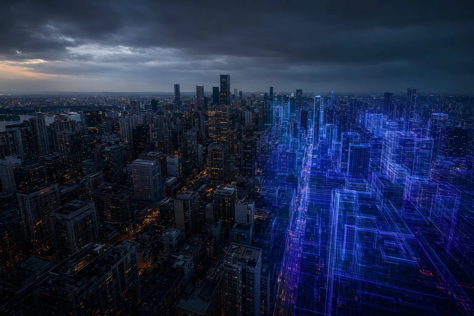 City block of real buildings dissolving into digital twin wireframe models, stick vs unitized curtain wall systems