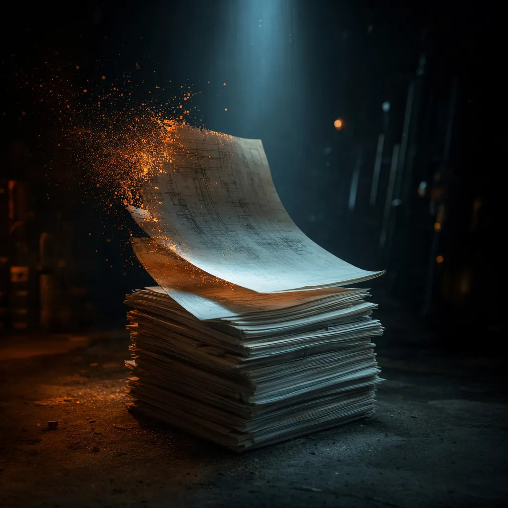 Tall stack of construction drawing sets with one sheet dissolving into data, representing CSI MasterFormat coding