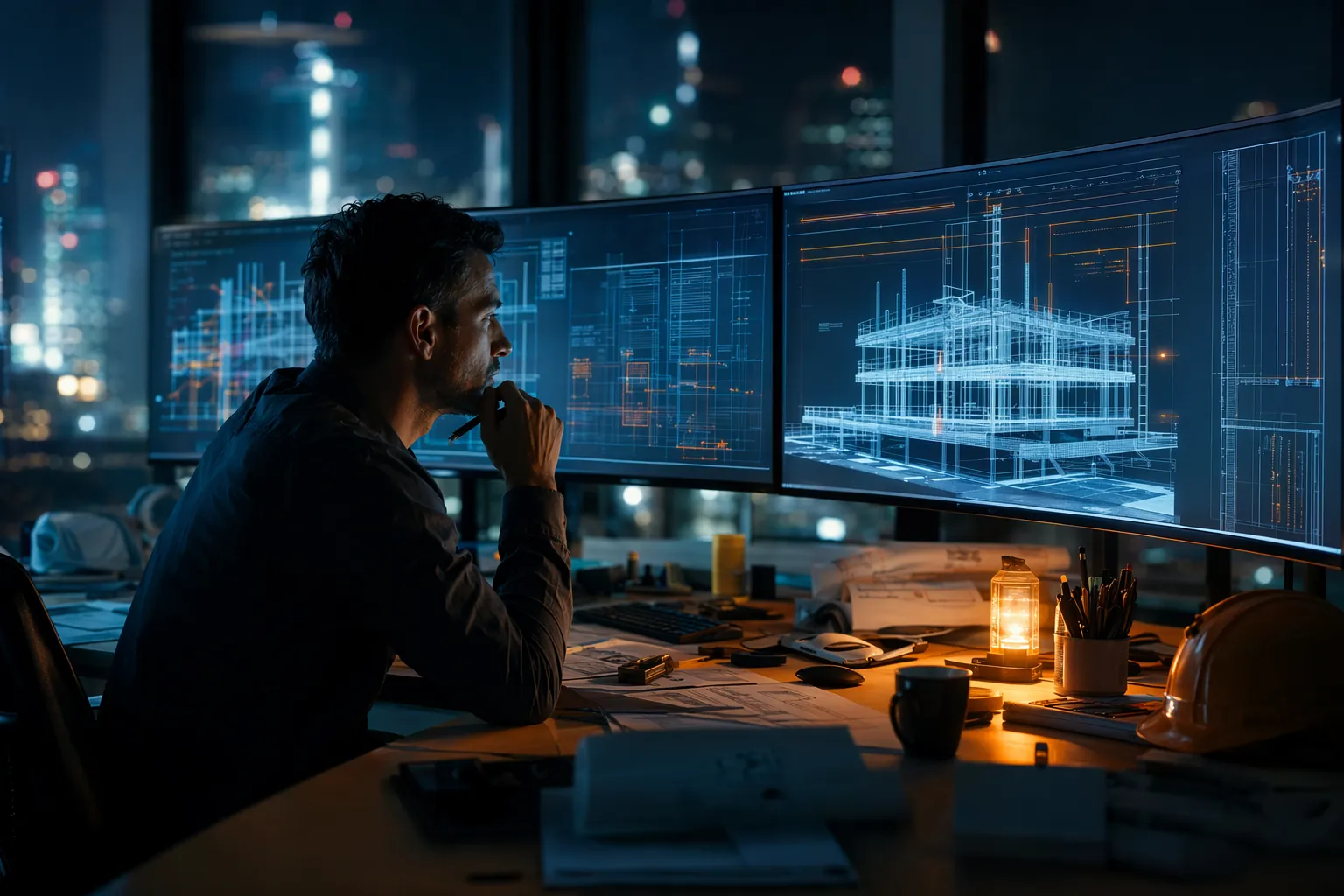 Construction estimator comparing AI takeoff software on multiple monitors with glowing blueprint wireframes