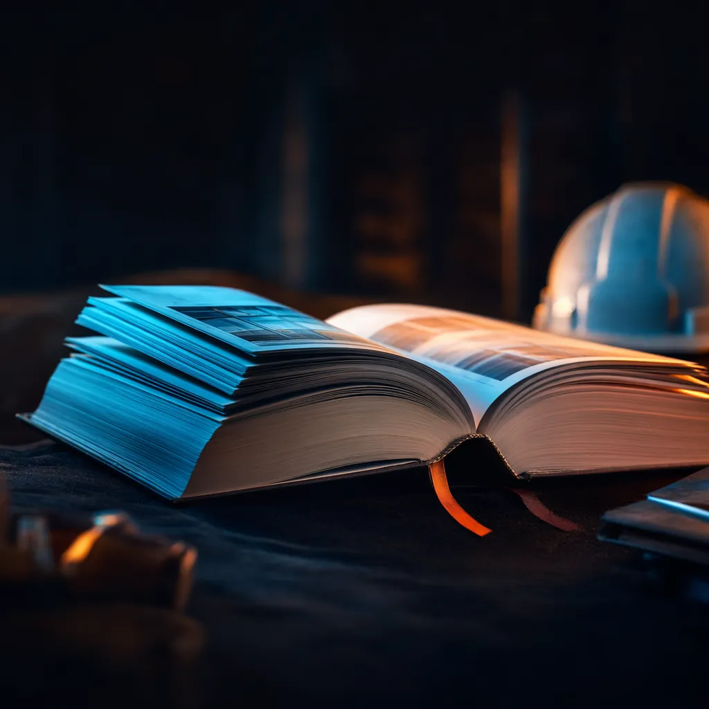 Construction specification book fanned open under dramatic light, representing code-compliance review in AI takeoff