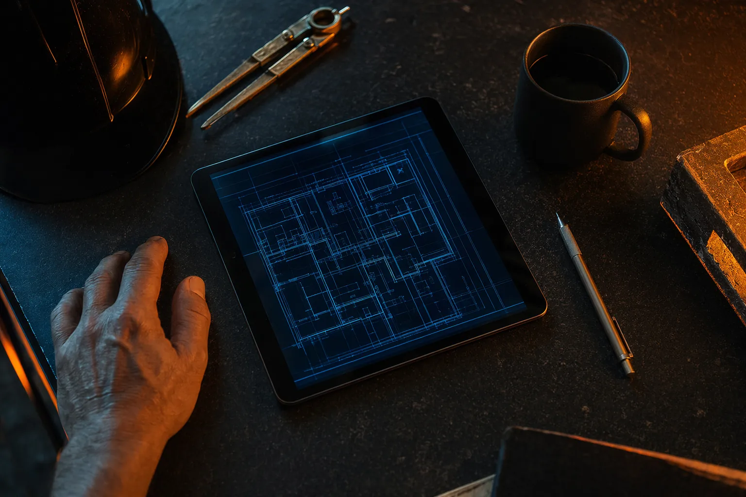 Overhead view of a contractor's desk with tablet takeoff, dividers and hard hat — takeoff software buying decision