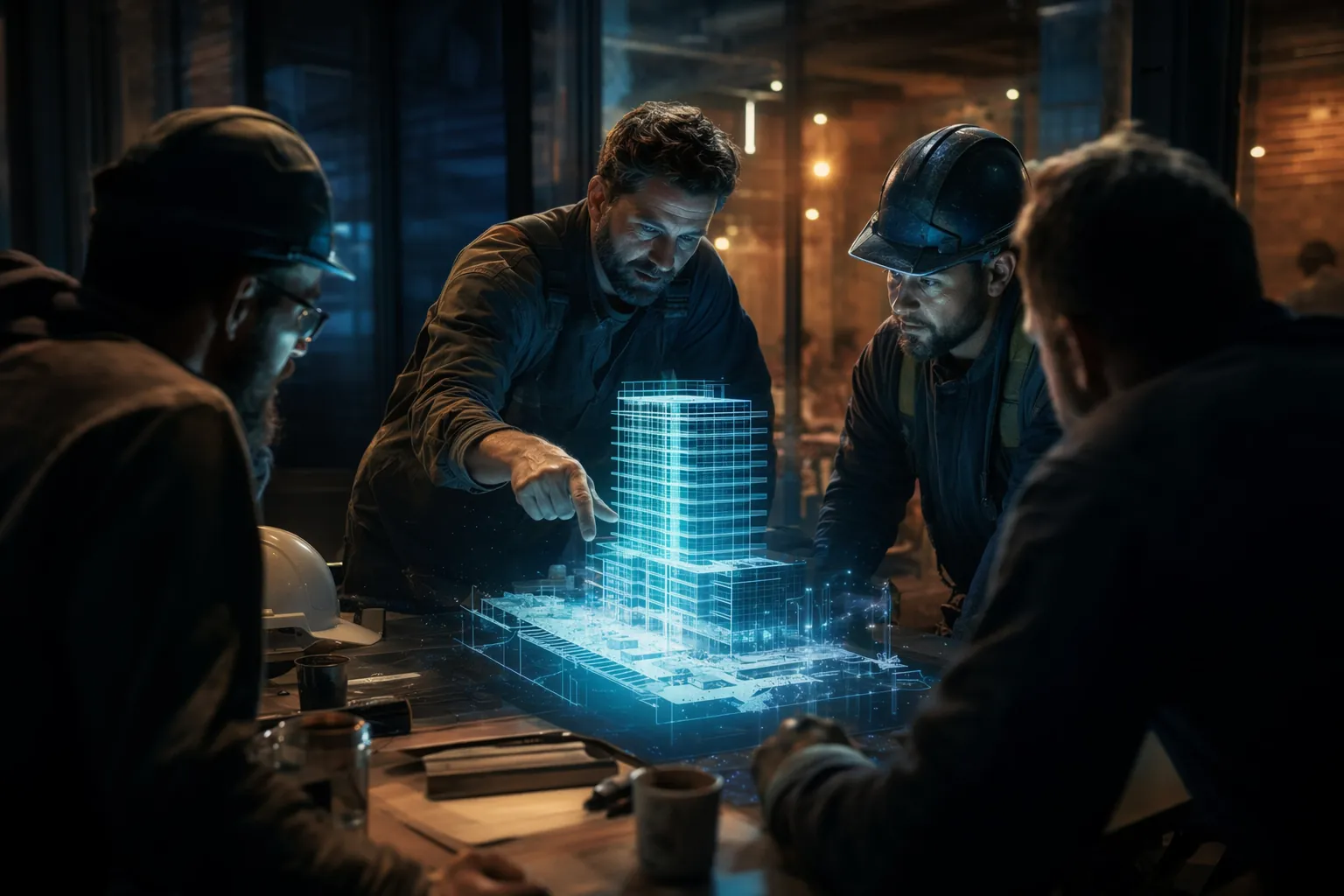 Construction team around a conference table reviewing a holographic building model during a bid/no-bid decision