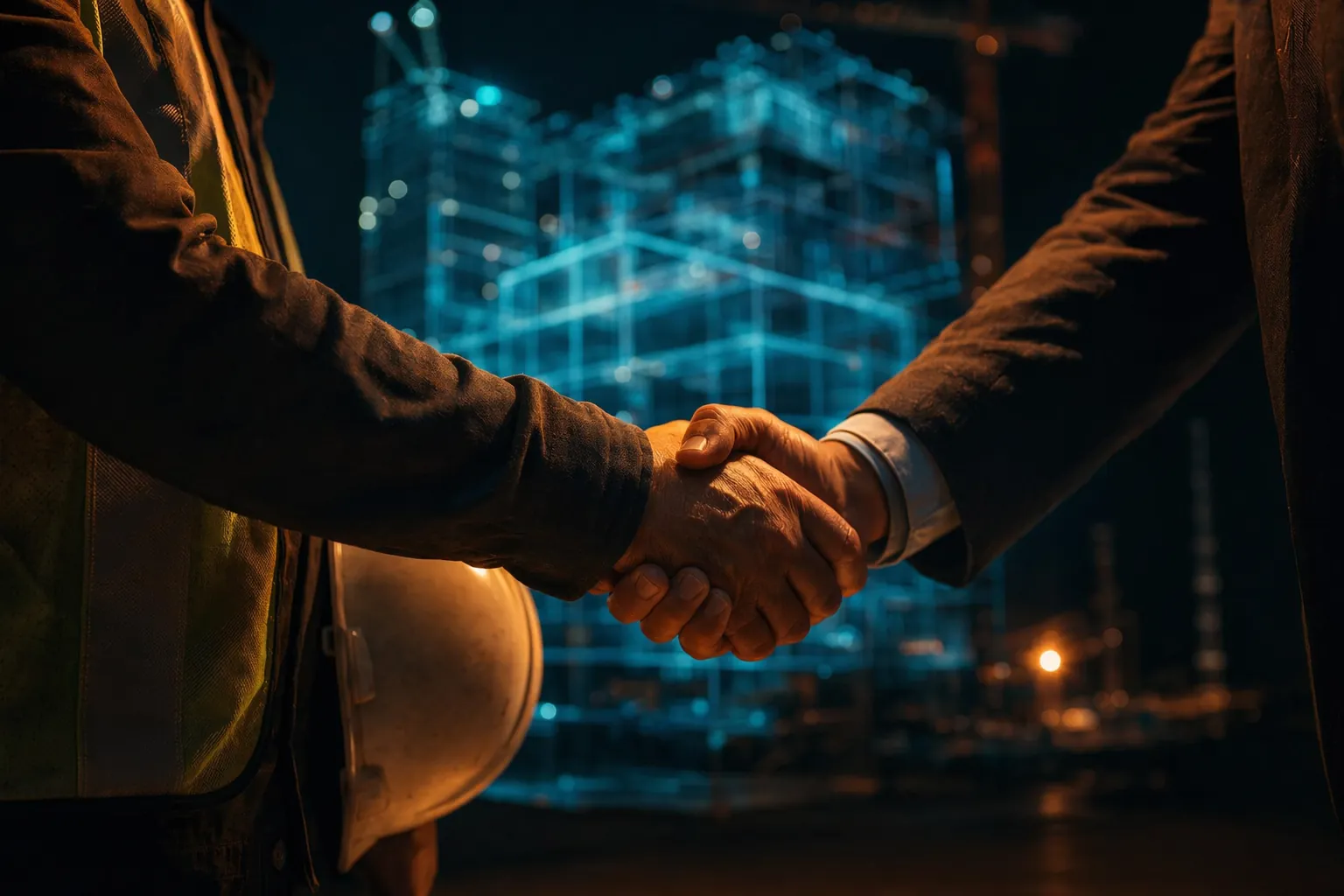 Contractor and client handshake over a construction agreement, hard hat under one arm
