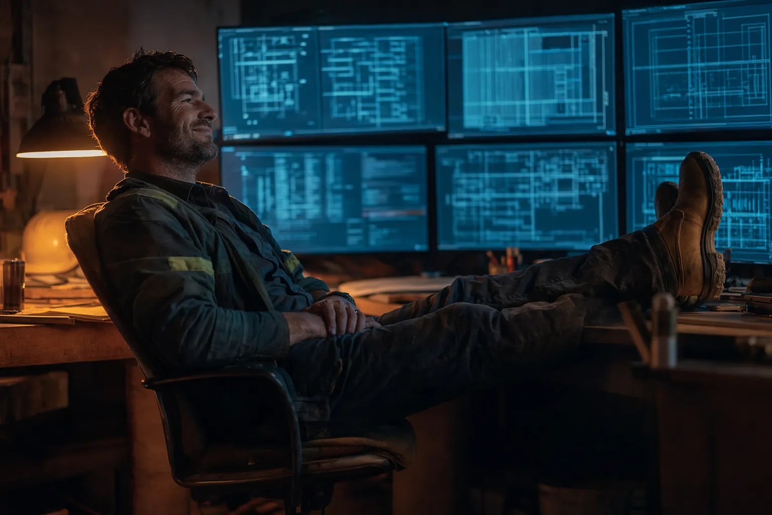 Contractor leaning back satisfied at night after AI finished his takeoffs, completed drawings on the monitors