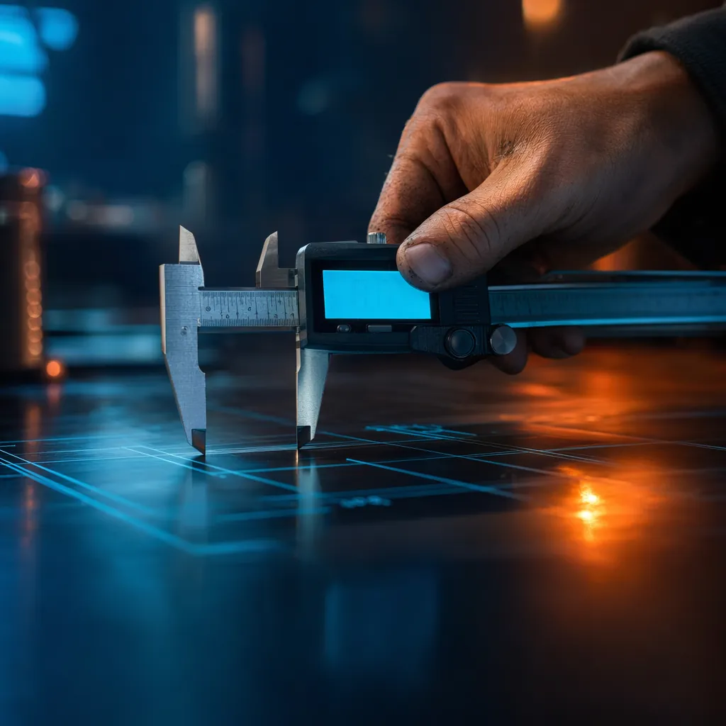 Digital caliper measuring across a blueprint line — the precision behind glazing U-factor requirements