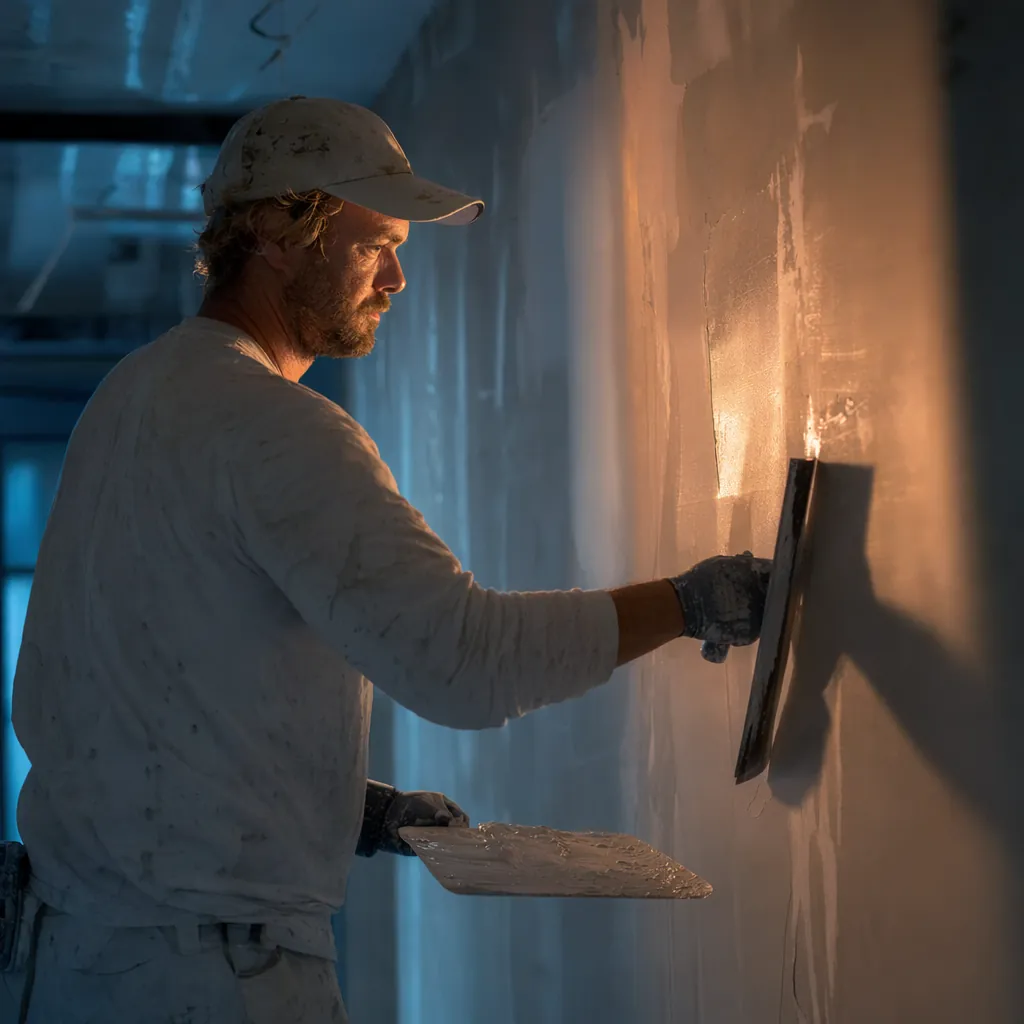 Drywall finisher skimming a wall under raking light that reveals the finish level