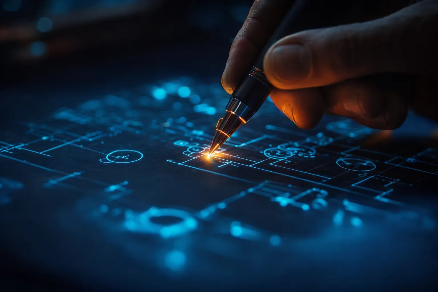 Electrical blueprint symbols glowing on dark drafting paper — the counts where electrical bids lose money