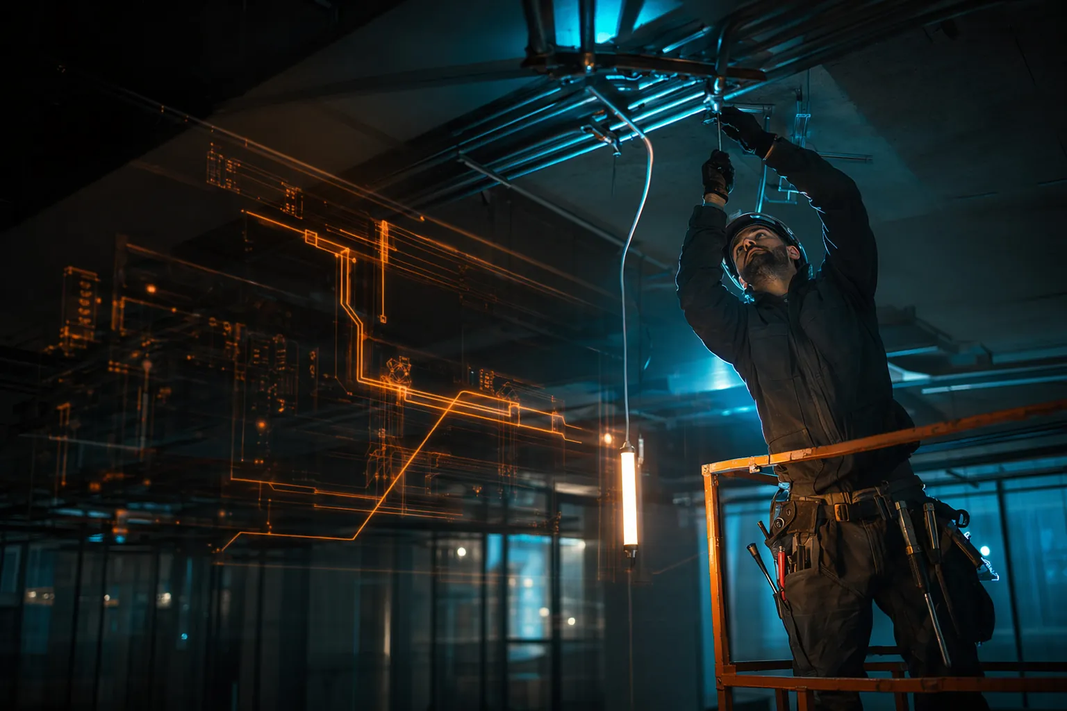 Electrician installing conduit overhead with a circuit diagram overlay — NECA labor units at work