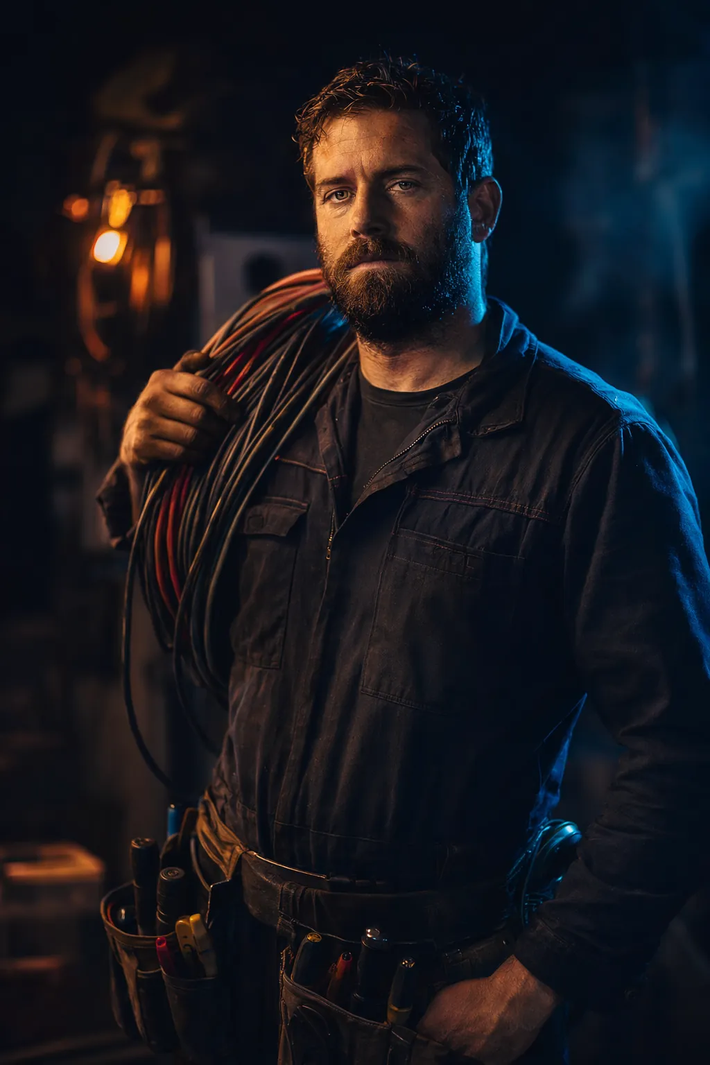 Portrait of a skilled electrician with a wire coil — the labor behind Davis-Bacon prevailing wage rates