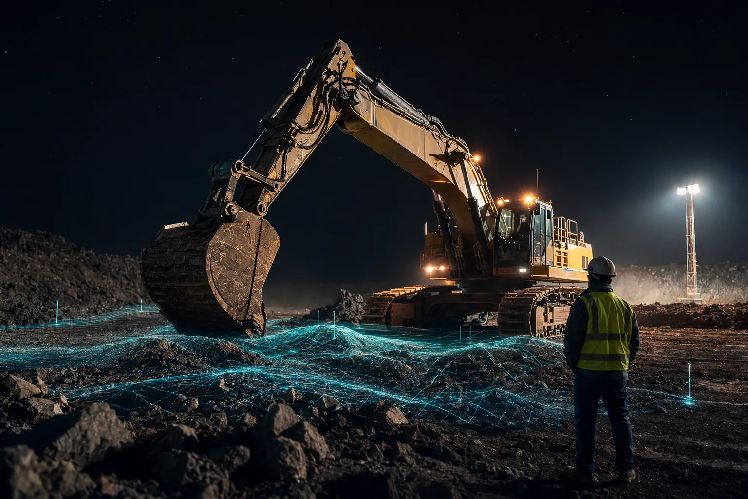 Excavator working at night with a cut-and-fill terrain mesh overlay on the ground