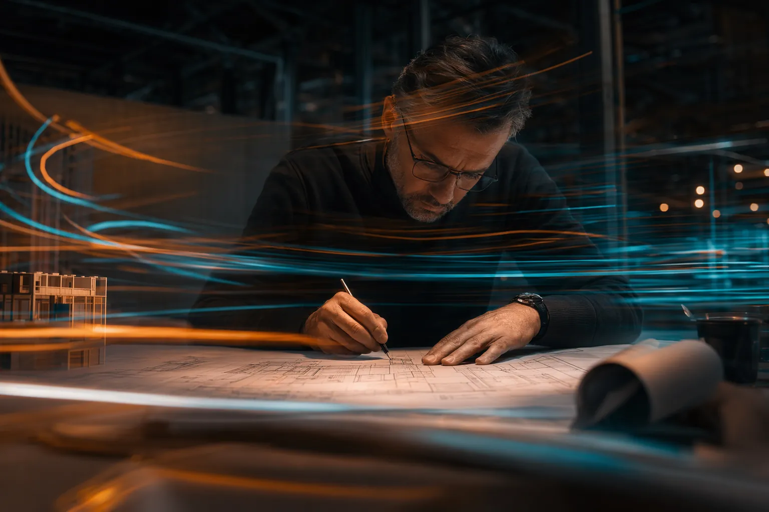 Light trails sweeping across an architectural drawing representing the speed of AI takeoff versus manual