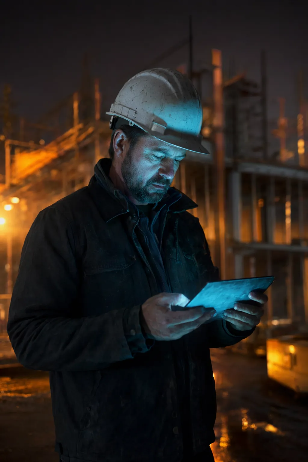 General contractor on a jobsite at dusk reviewing prequalification documents on a glowing tablet