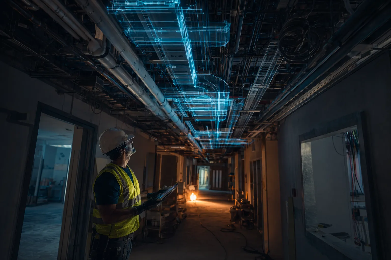 Hospital corridor under construction with exposed MEP and fire-protection systems overhead