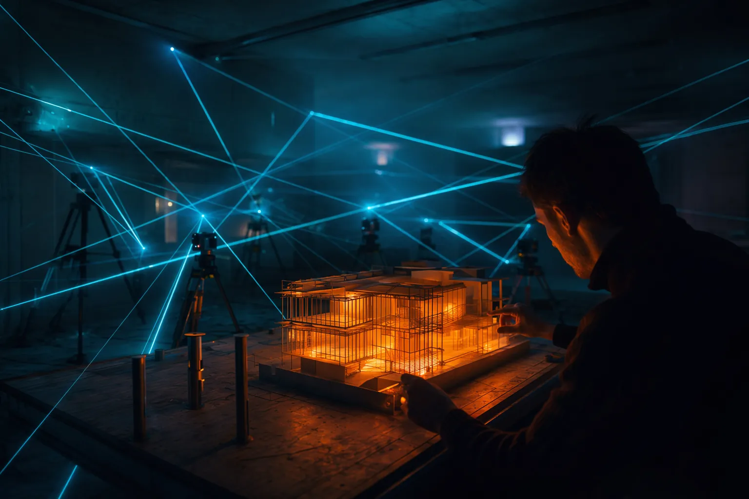 Laser measurement lines converging on a glowing building model — the math inside takeoff calculators