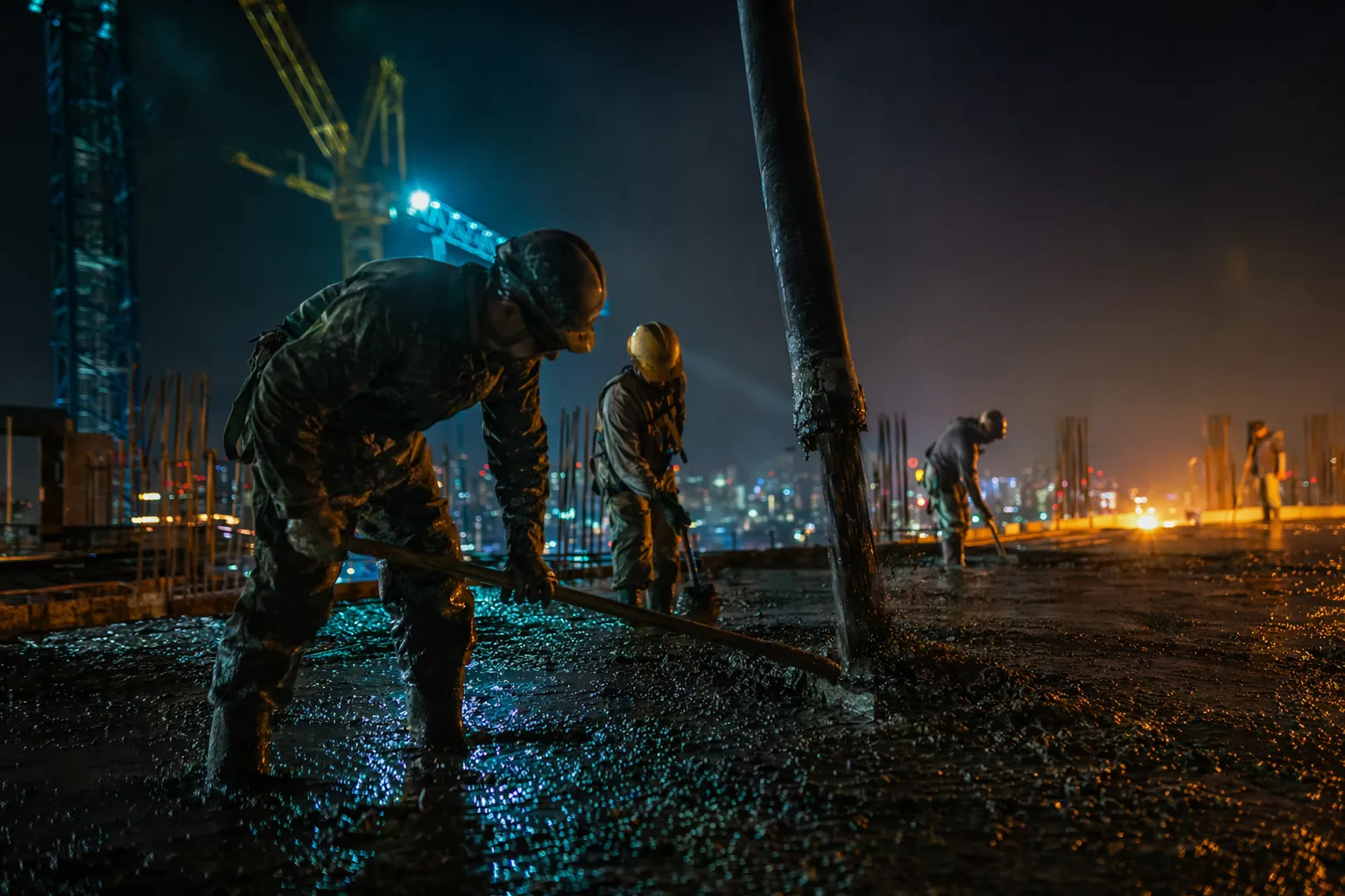 Night concrete pour on a high-rise deck with crew silhouetted, where cubic-yard waste factors are won or lost