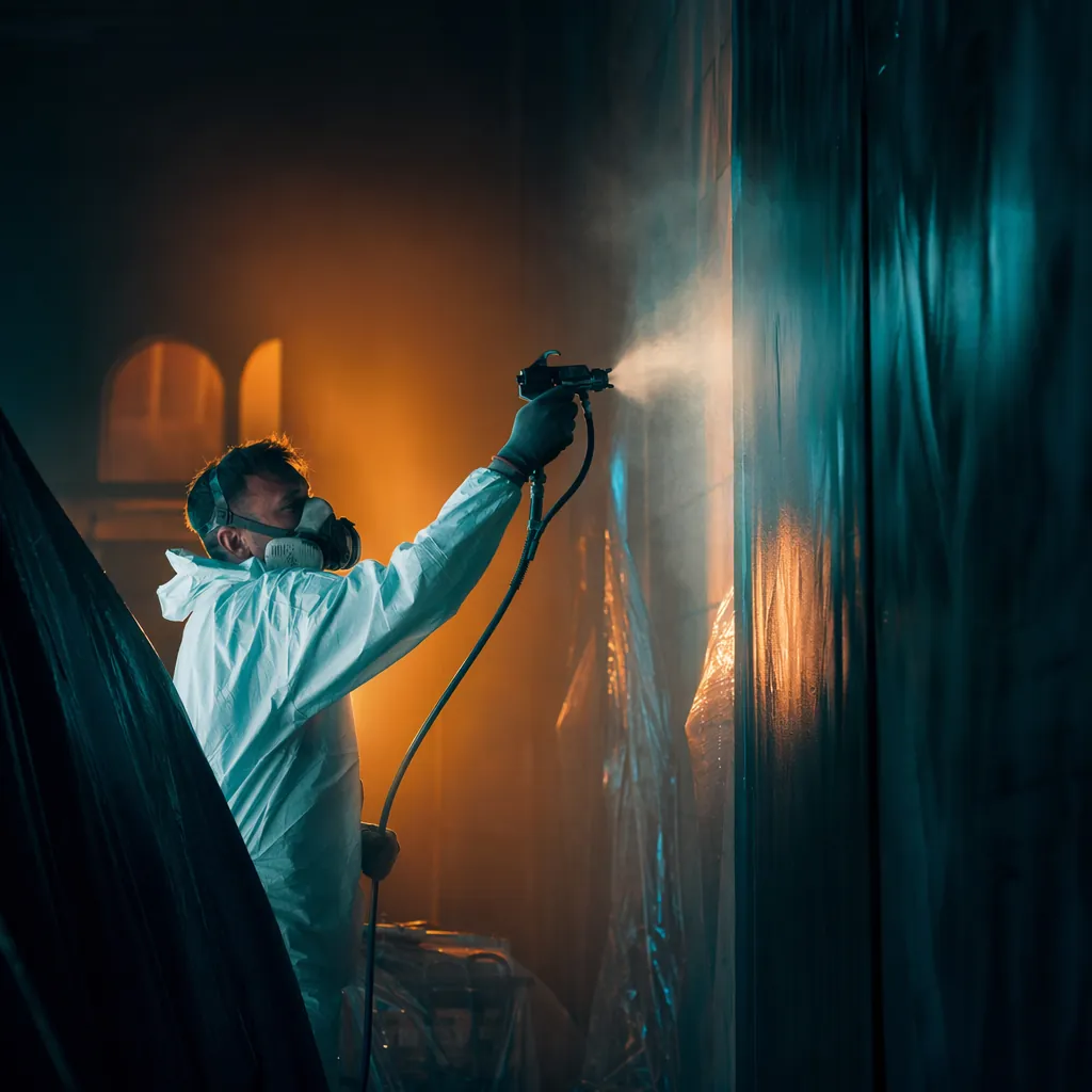 Painter spraying a wall with fine backlit mist, representing painting industry innovation