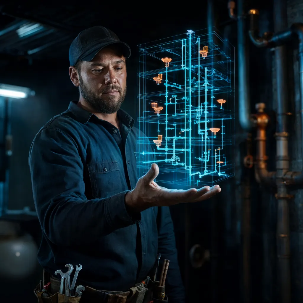 Holographic isometric plumbing riser diagram floating above a plumber's palm — vertical pipe takeoff
