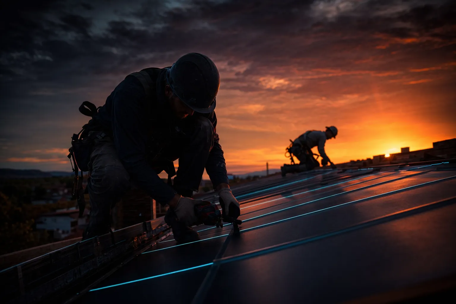 Roofers installing standing-seam metal roofing at sunset — slope factor versus flat square footage