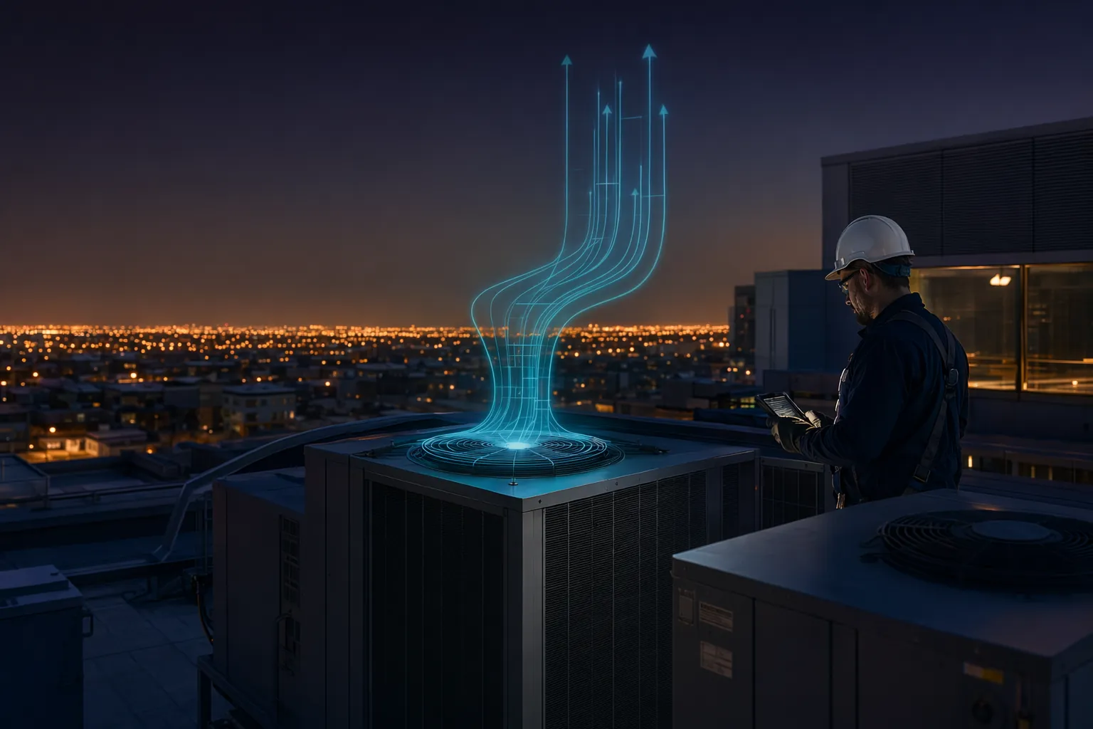 Rooftop HVAC units at dusk with an airflow diagram rising from one unit — RTU and AHU schedule review