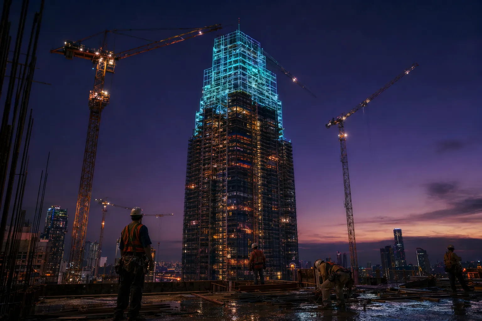 Skyscraper facade under construction transitioning into a digital wireframe — curtain wall spec drift visualized