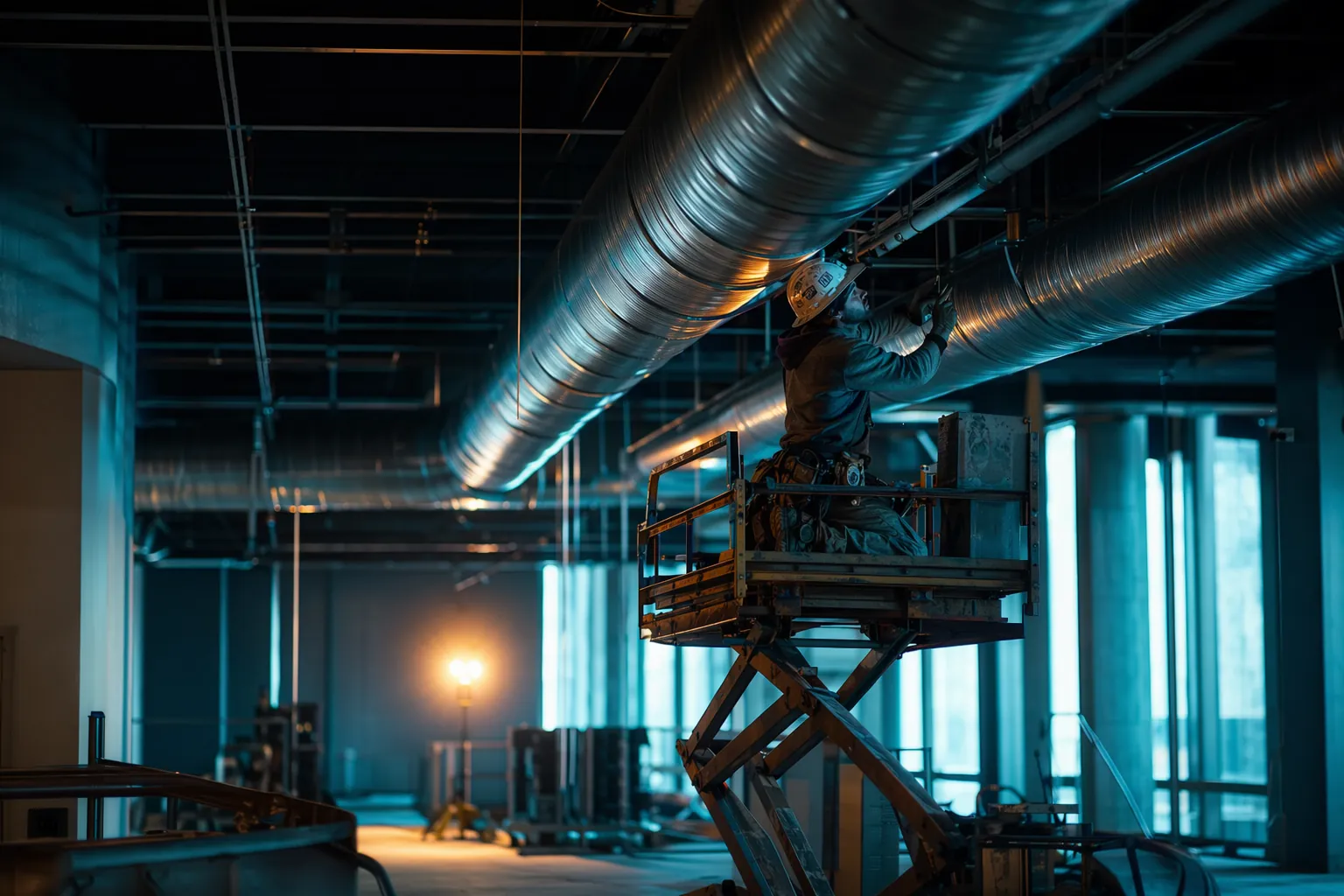 Spiral ductwork in dramatic perspective in a commercial ceiling — SMACNA gauge and weight standards
