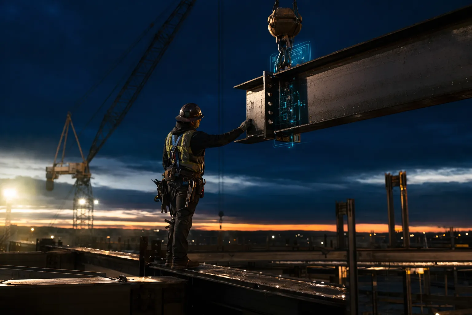 Ironworker guiding a crane-lifted steel beam at dawn with connection details visualized at the joint