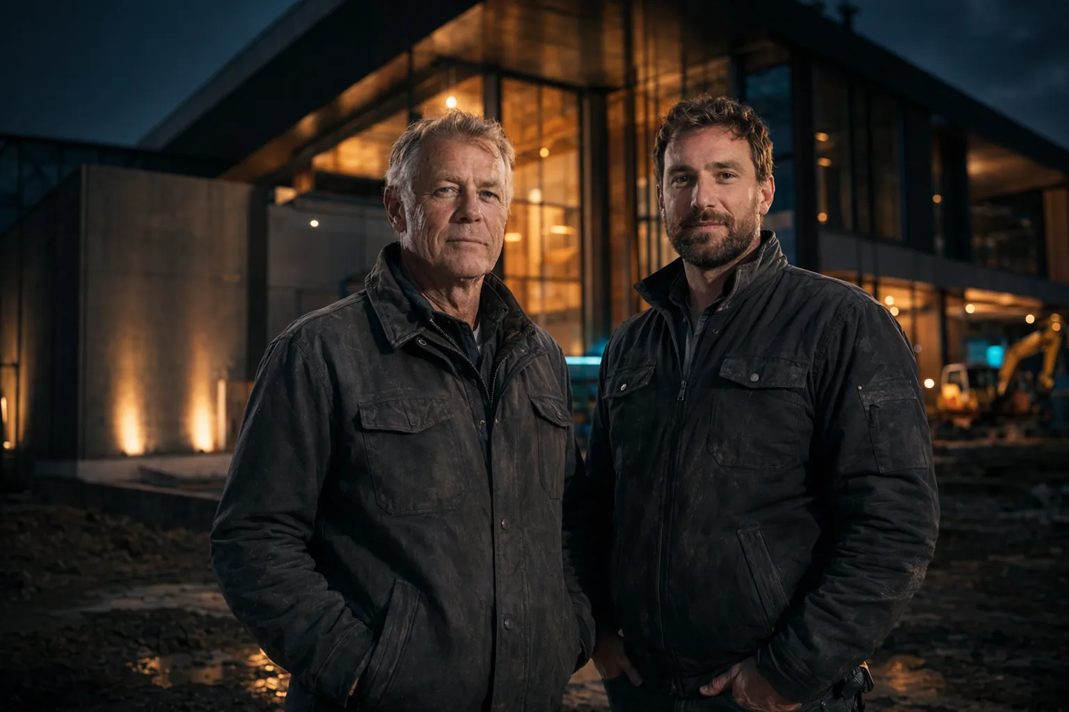 Two generations of contractors standing in front of their completed commercial building at dusk