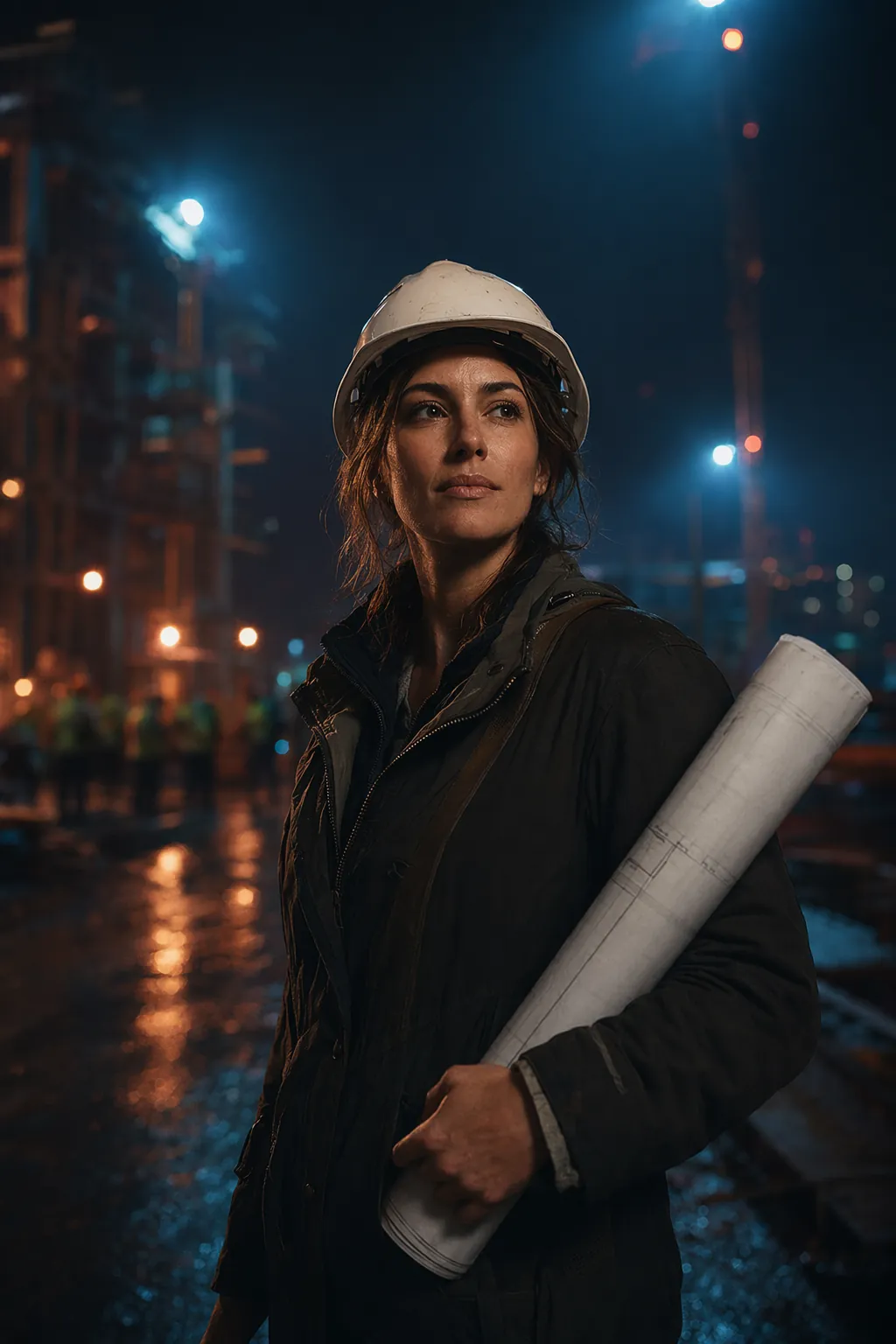 Architect at a construction site at dusk holding rolled plans, assessing 12-month escalation risk