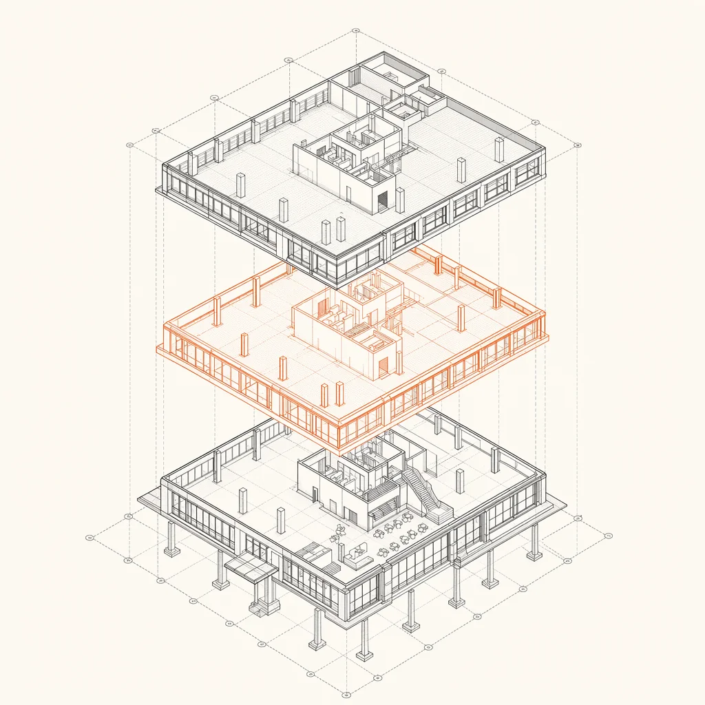 Axonometric exploded line drawing of a building separating into floor plates for quantity takeoff
