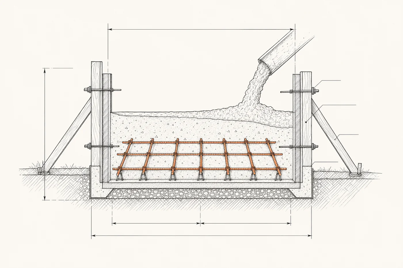 Concrete foundation cross-section line drawing with rebar grid and formwork dimensions