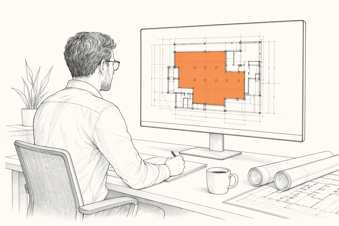 Line drawing of a construction estimator at a desk with takeoff software showing a measured floor plan