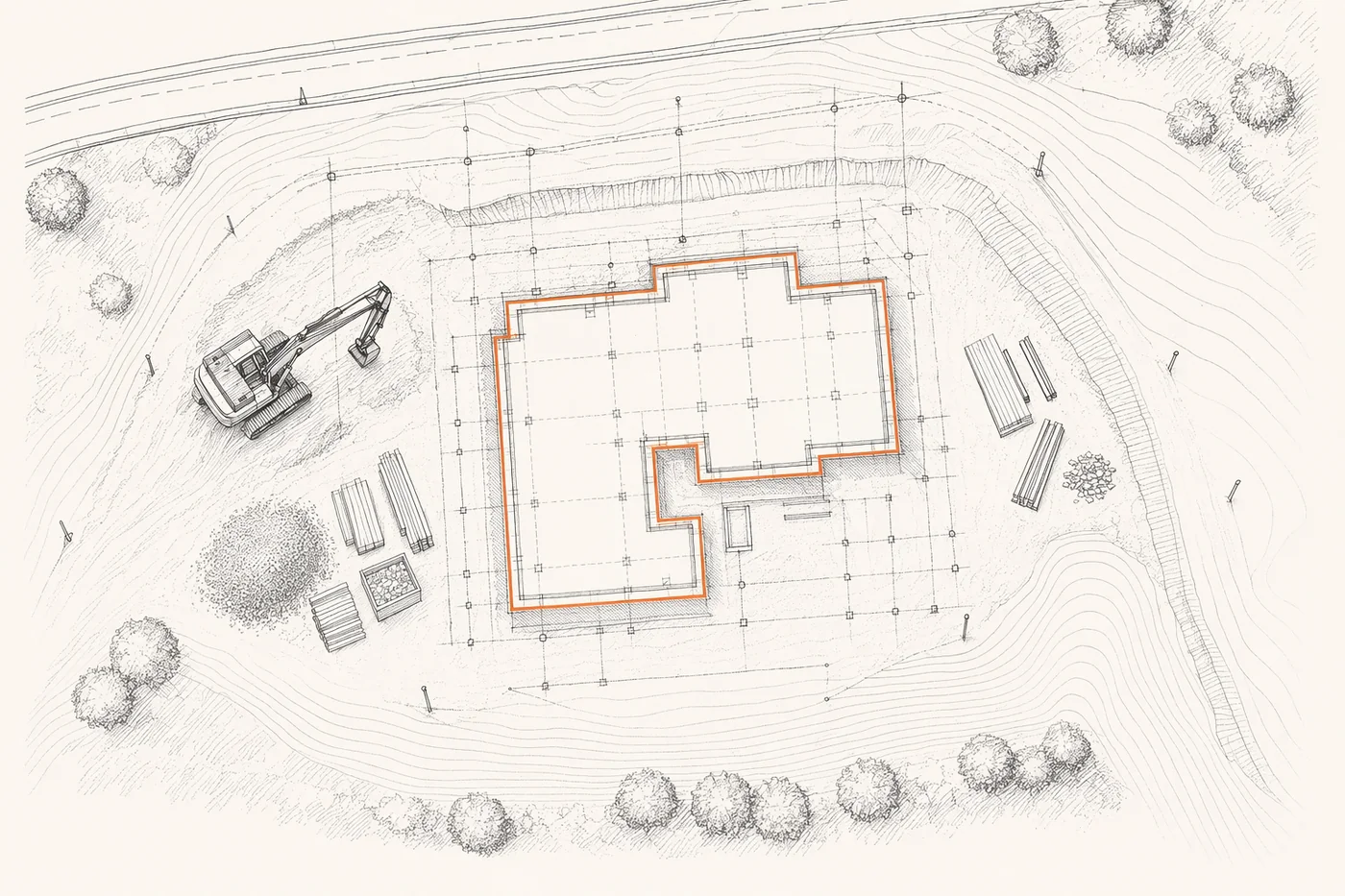 Aerial construction site plan line drawing with contour lines, excavator and building footprint outlined