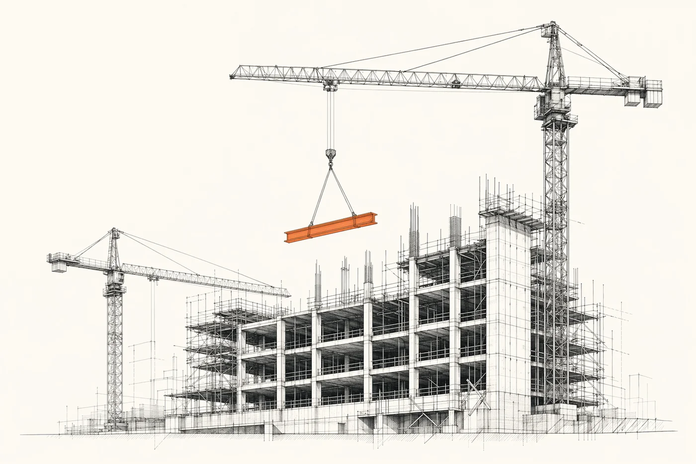 Construction site skyline line drawing with tower cranes and a building structure