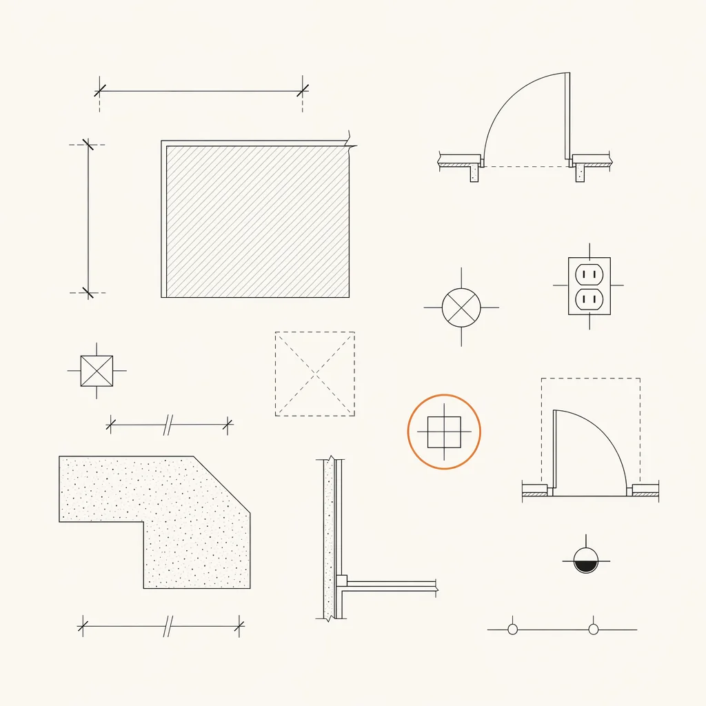 Electrical and construction blueprint takeoff symbols: dimension lines, count markers, door swings and outlet symbols