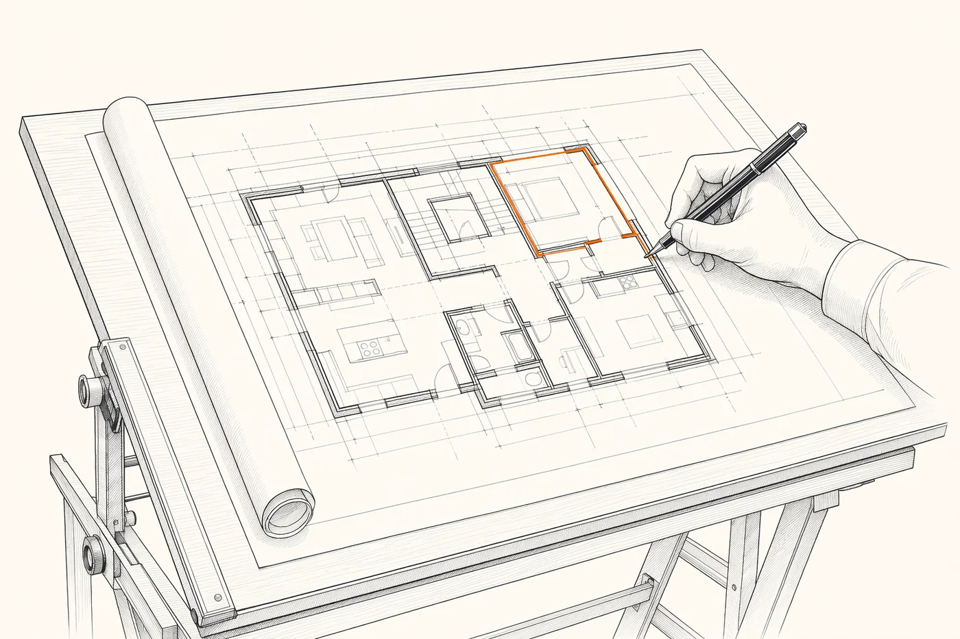 Line drawing of a construction takeoff in progress on a drafting table, one room highlighted for measurement
