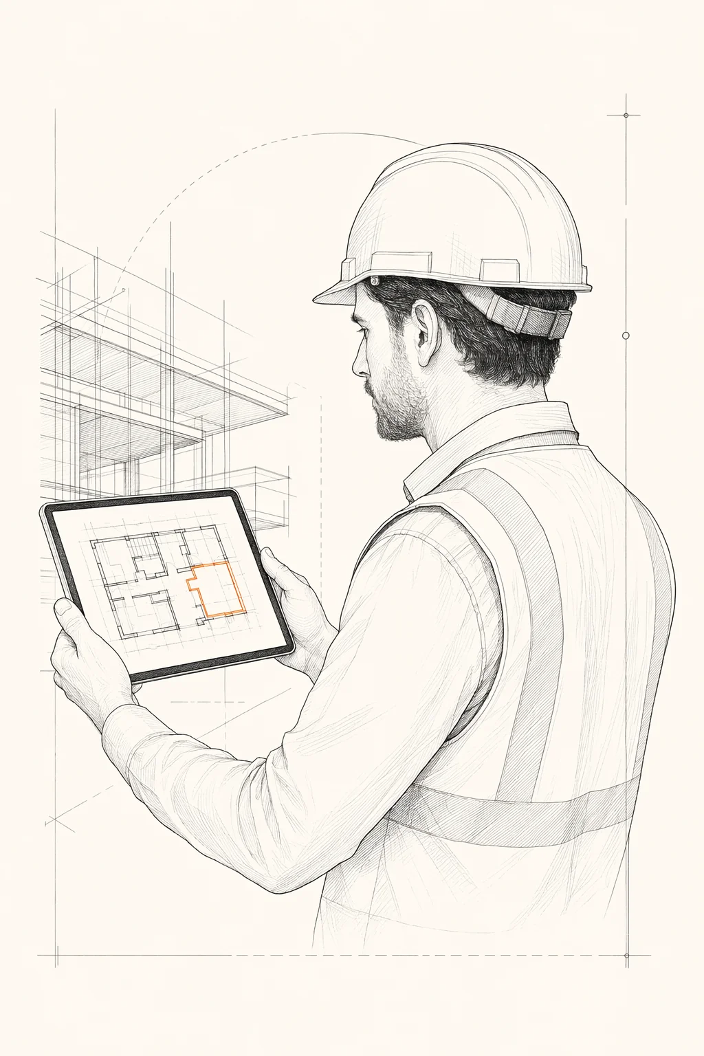 Line drawing of a construction subcontractor holding a tablet showing a digital takeoff floor plan