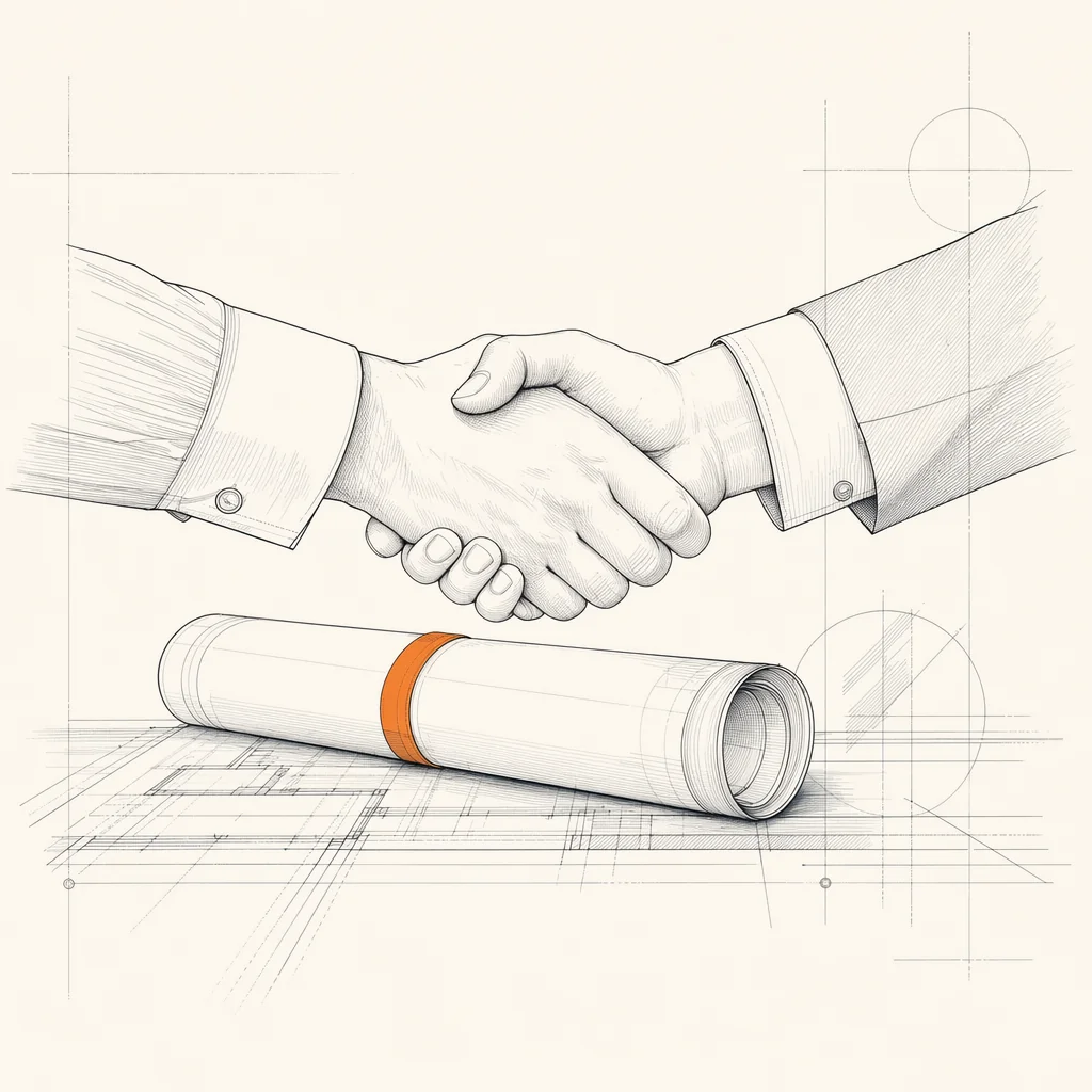 Line drawing of a contractor and client shaking hands over a rolled construction drawing