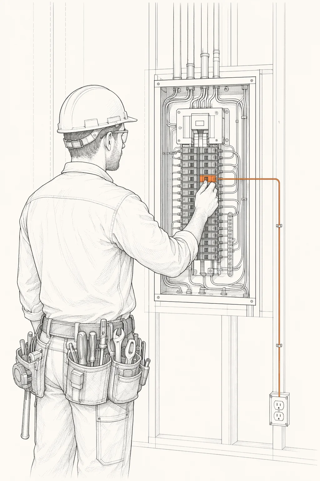 Line drawing of an electrician working at an open electrical panel with one circuit traced